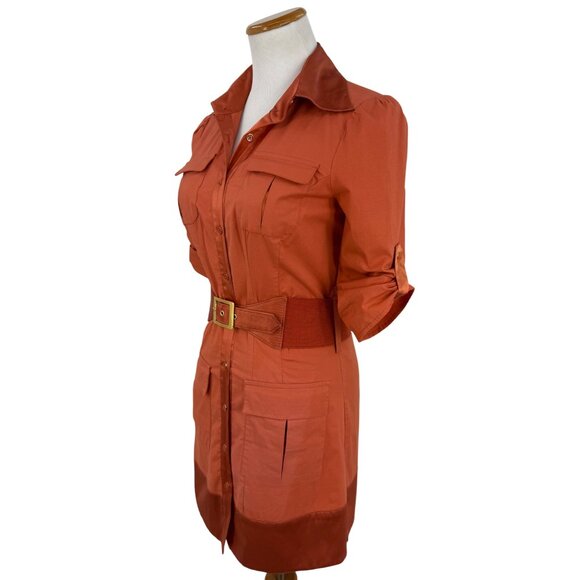 Vintage Y2K Bebe Rust Orange Belted Mini Shirt Dress w/Pockets & Satin Trim S - Picture 7 of 16